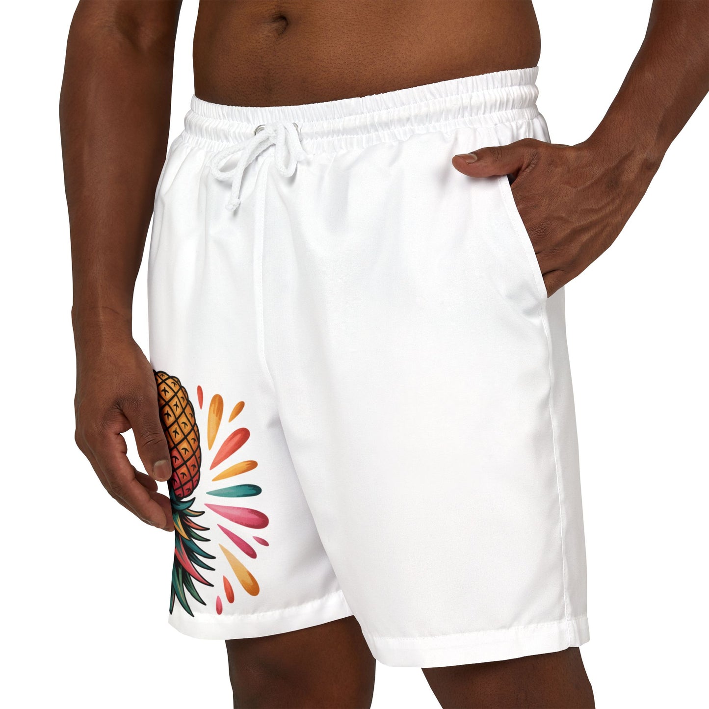 Trendy Pineapple White Unisex Swim Shorts, Beachwear, Summer Essentials