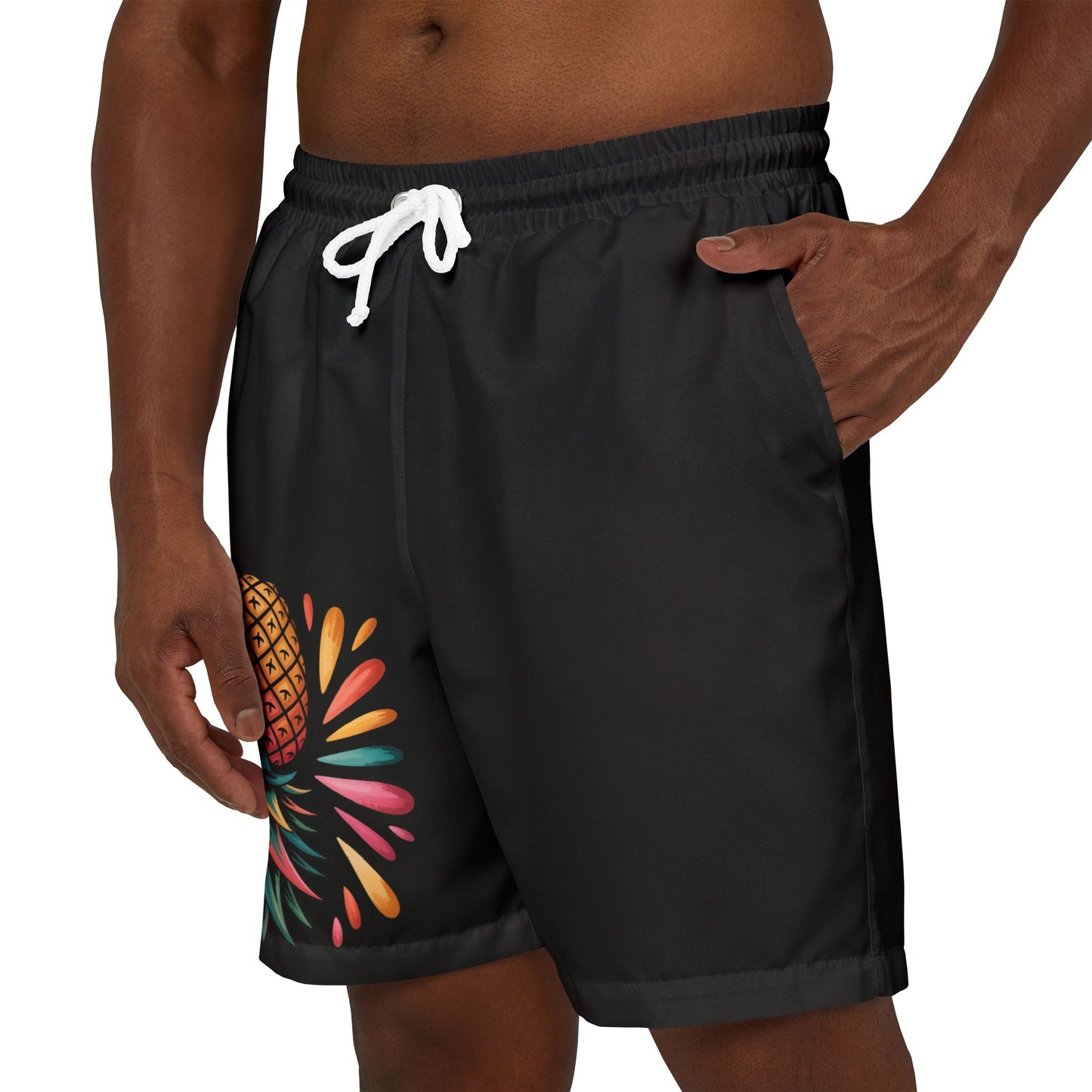 Trendy Pineapple Black Unisex Swim Shorts, Beachwear, Summer Essentials