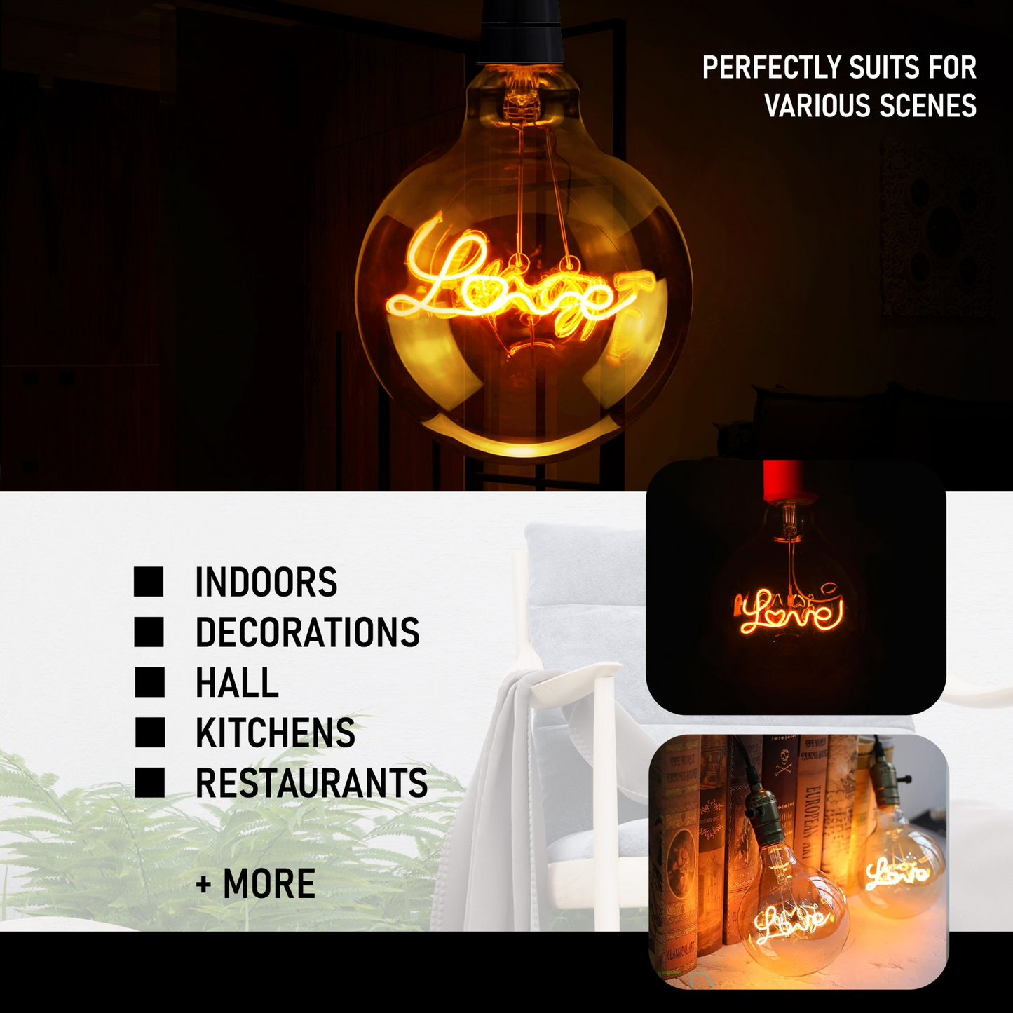 E27 LED Light Bulb with Love Filament Glass Globe Warm White~1042