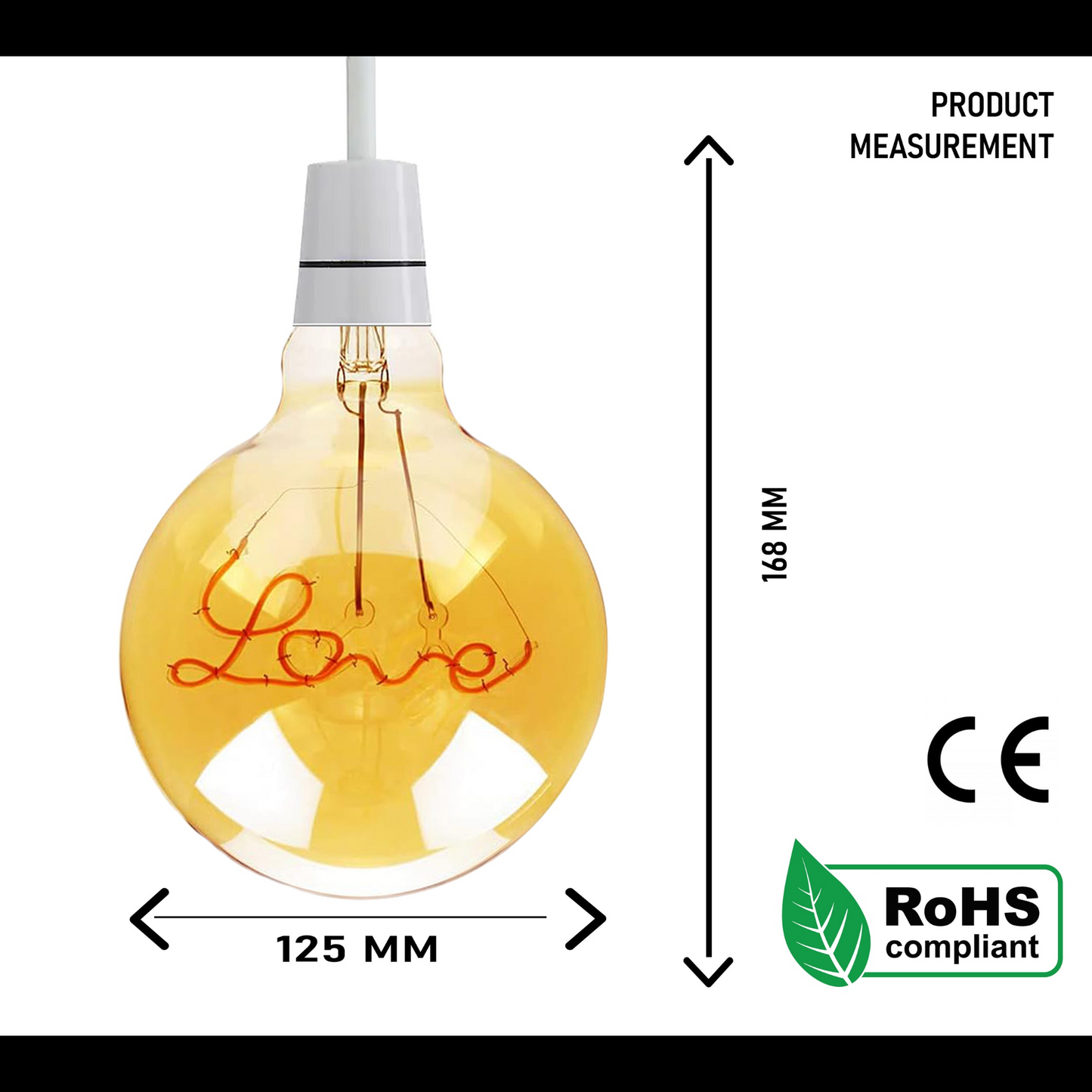 E27 LED Light Bulb with Love Filament Glass Globe Warm White~1042