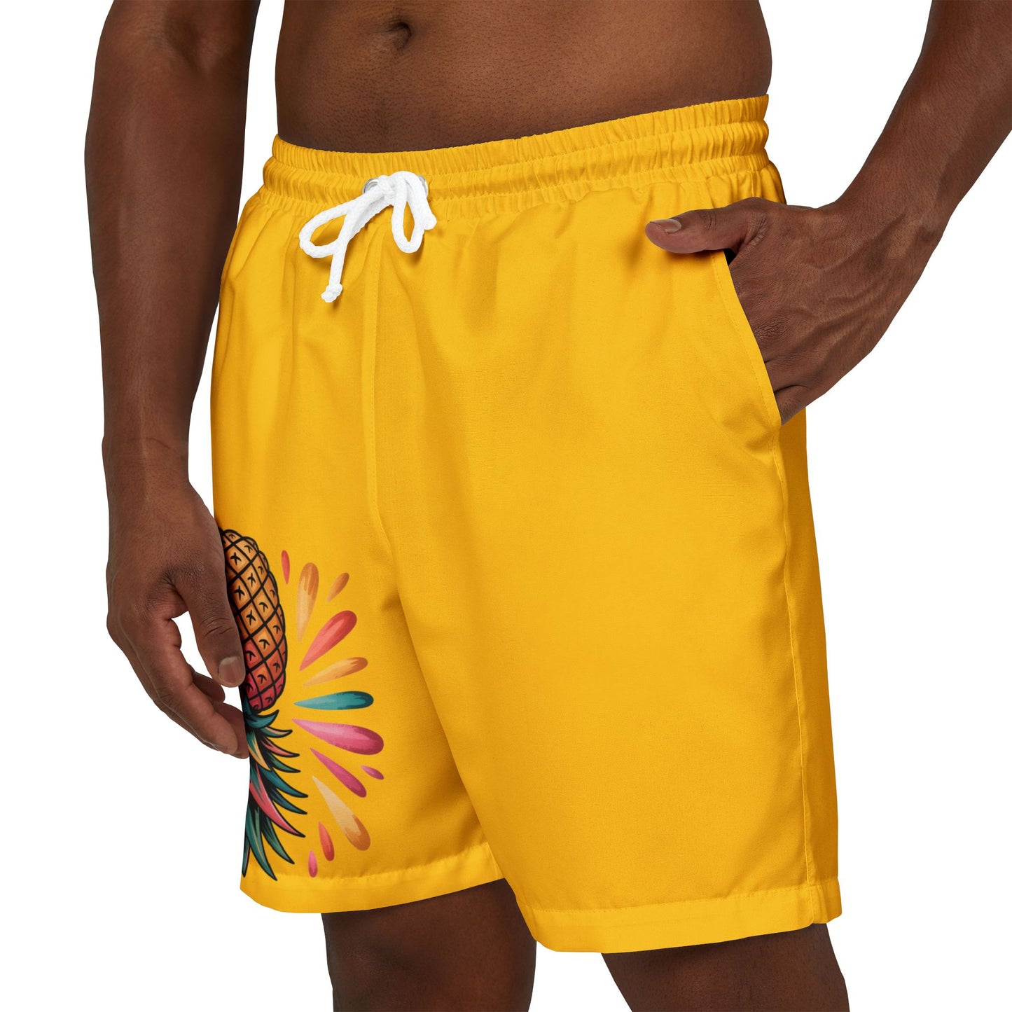 Trendy Pineapple Yellow Unisex Swim Shorts, Beachwear, Summer Essentials