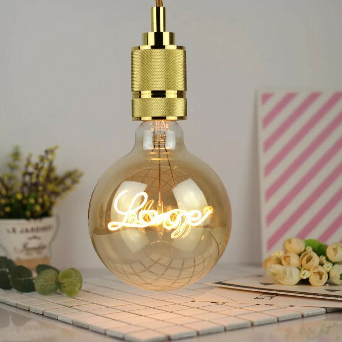 E27 LED Light Bulb with Love Filament Glass Globe Warm White~1042