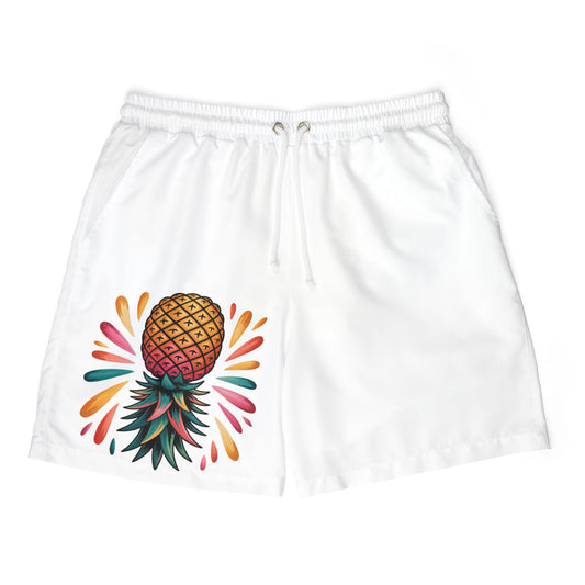 Trendy Pineapple White Unisex Swim Shorts, Beachwear, Summer Essentials