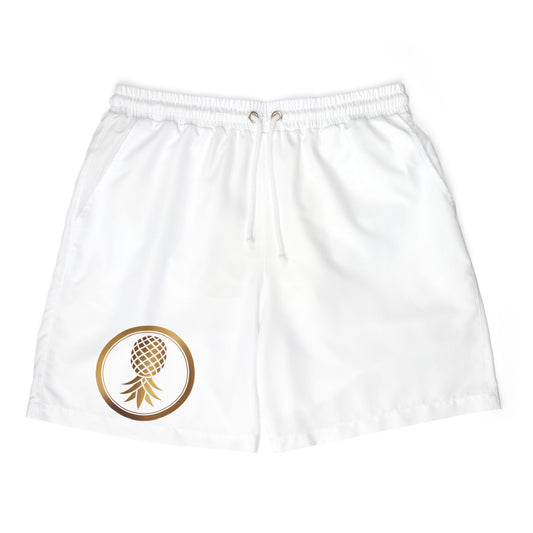 Pineapple Logo White Unisex Swim Shorts, Beachwear, Summer Essentials