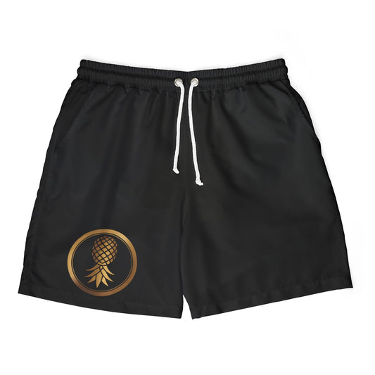 Pineapple Logo Black Unisex Swim Shorts, Beachwear, Summer Essentials