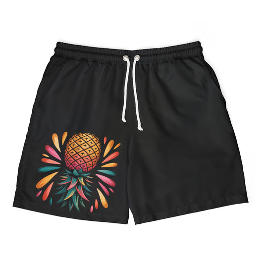 Trendy Pineapple Black Unisex Swim Shorts, Beachwear, Summer Essentials